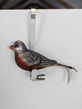 Glass Bird Clip On Ornament 1999 Roman, Inc. Blue Orange Gold Glitter Holiday